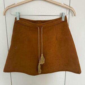 Brown Suede Mini Skirt with Tassel Tie